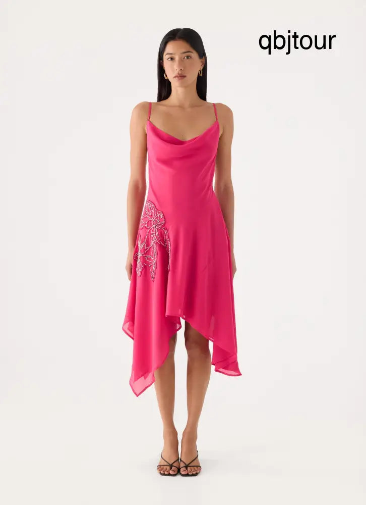 Pirama Beaded Midi Dress - Fuchsia - Midi Dresses